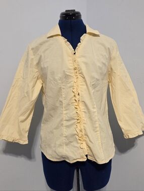 Vintage Butter Yellow Cotton Ruffle Button Down Blouse Size M